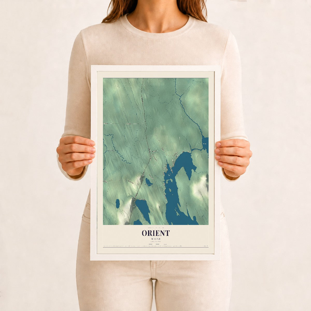 Orient, Maine map print - 12 x 18 white Ayous wood frame