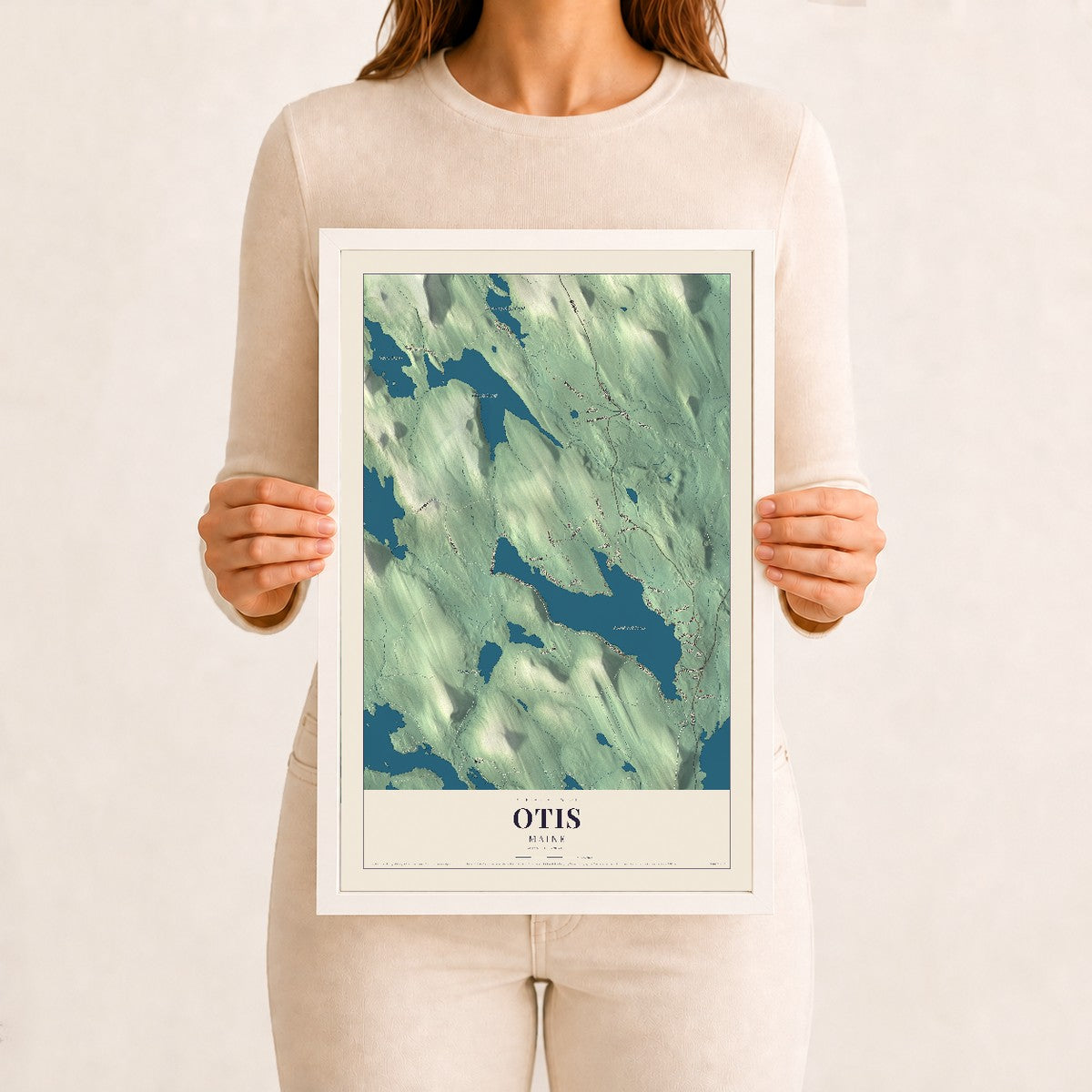 Otis, Maine map print - 12 x 18 white Ayous wood frame