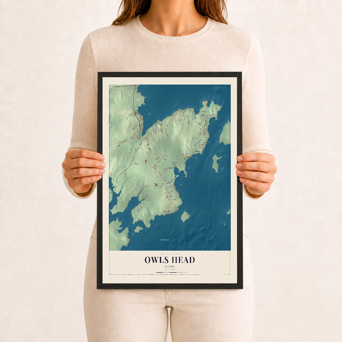 Owls Head, Maine map print - 12 x 18 black Ayous wood frame