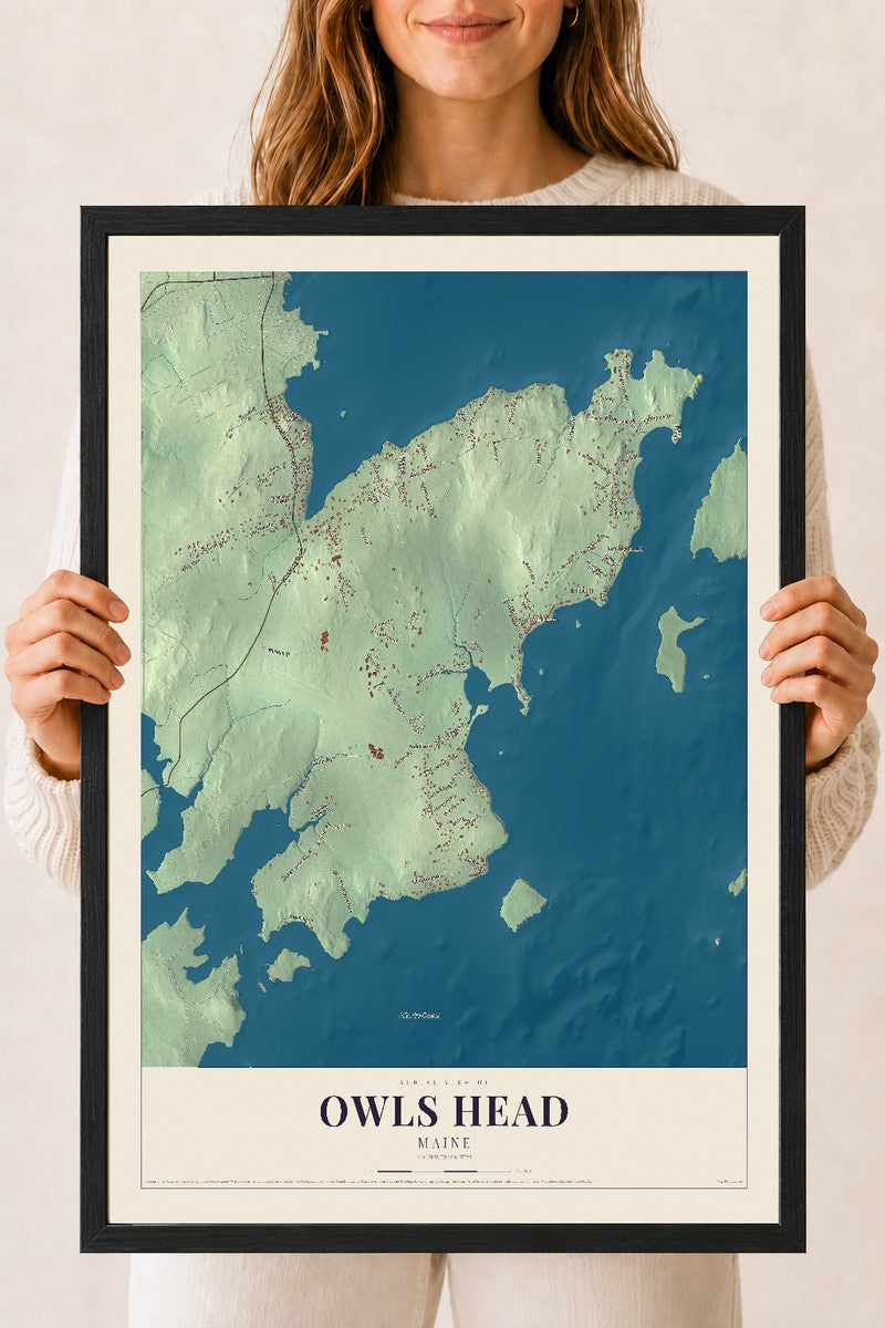 Owls Head, Maine map print - 18 x 24 black Ayous wood frame