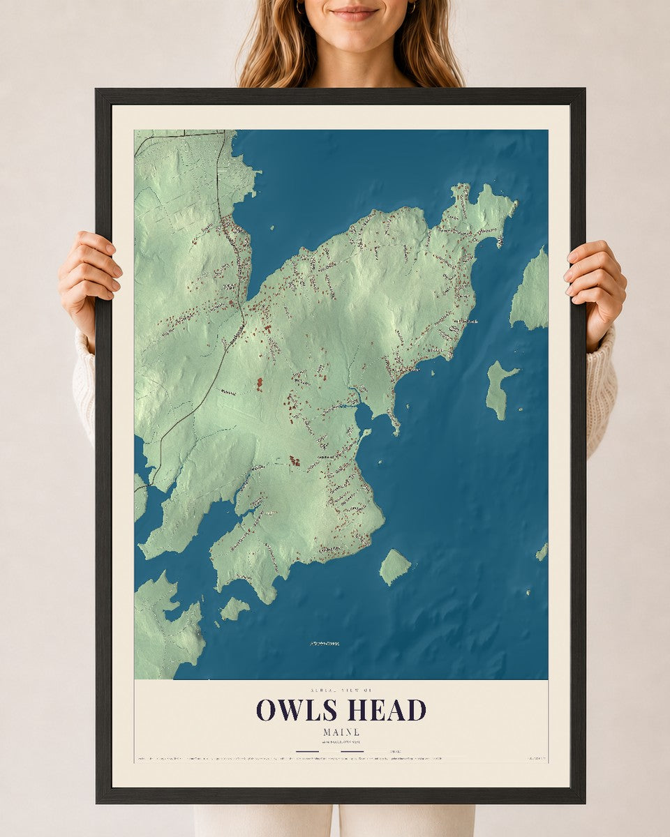 Owls Head, Maine map print - 24 x 36 black Ayous wood frame