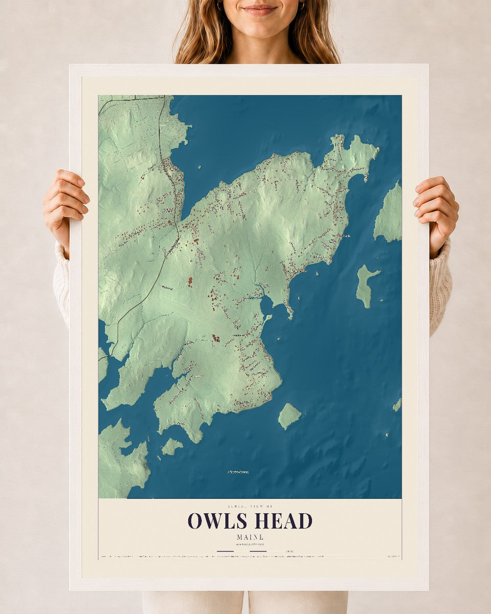 Owls Head, Maine map print - 24 x 36 white Ayous wood frame