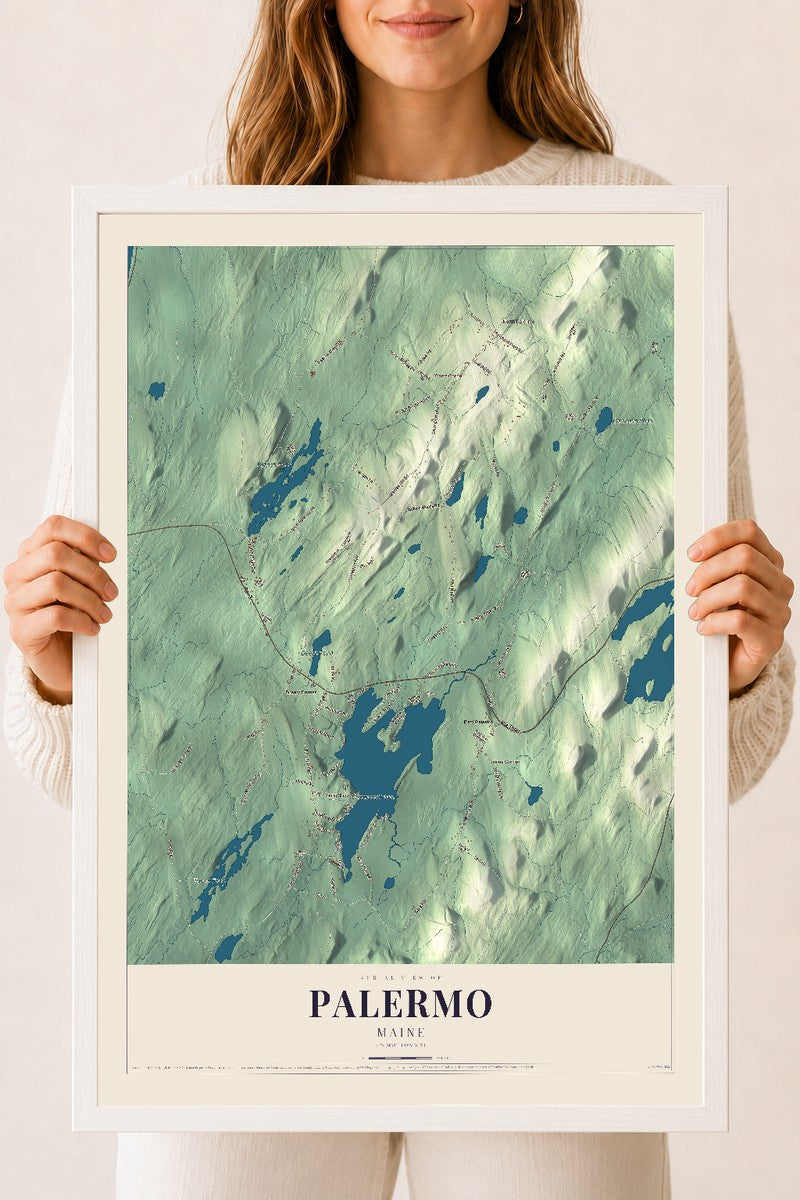 Palermo, Maine map print - 18 x 24 white Ayous wood frame
