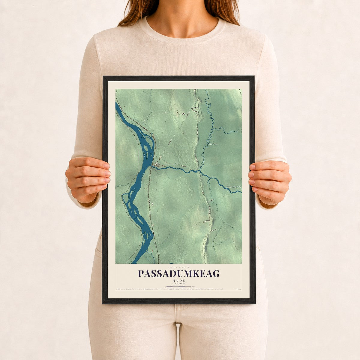 Passadumkeag, Maine map print - 12 x 18 black Ayous wood frame