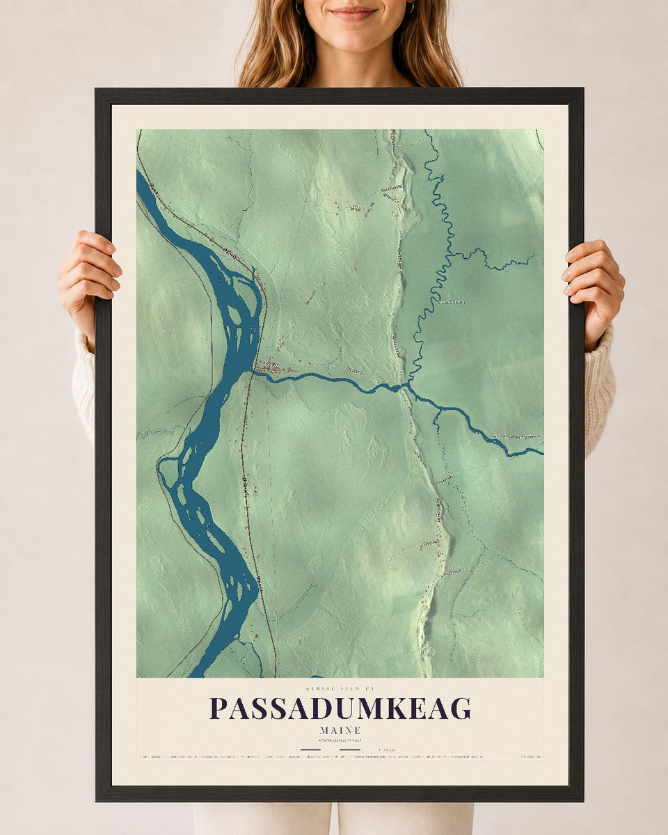 Passadumkeag, Maine map print - 24 x 36 black Ayous wood frame