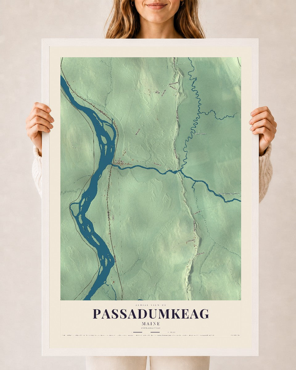 Passadumkeag, Maine map print - 24 x 36 white Ayous wood frame