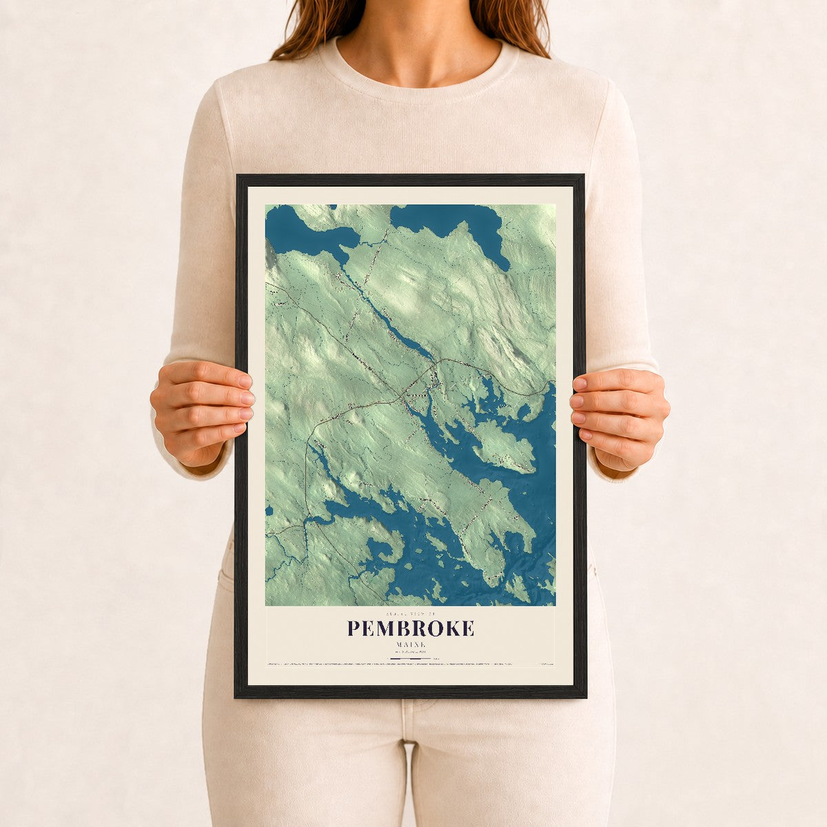 Pembroke, Maine map print - 12 x 18 black Ayous wood frame