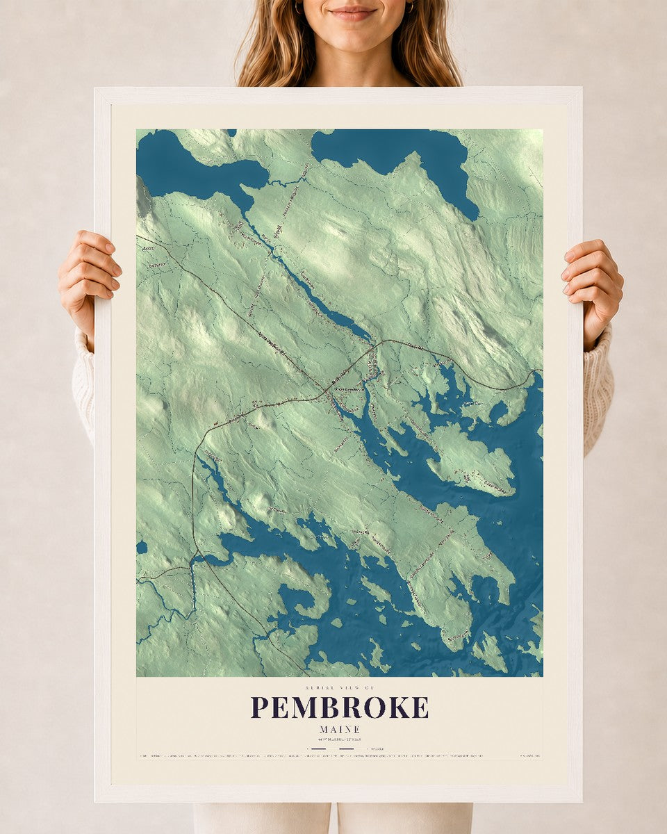 Pembroke, Maine map print - 24 x 36 white Ayous wood frame