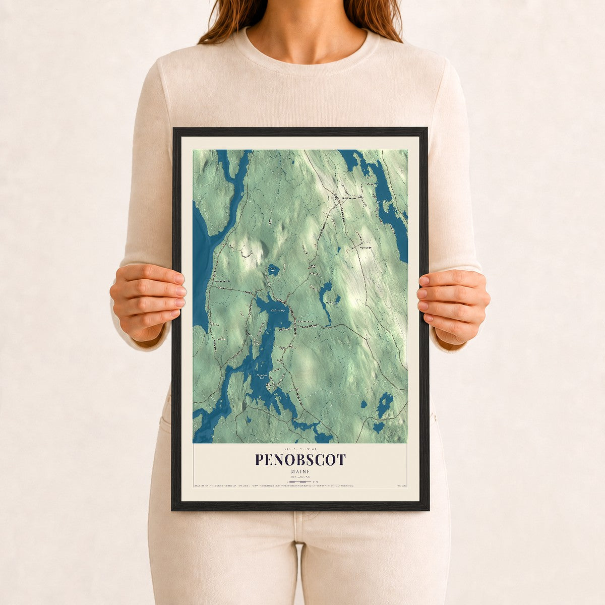 Penobscot, Maine map print - 12 x 18 black Ayous wood frame