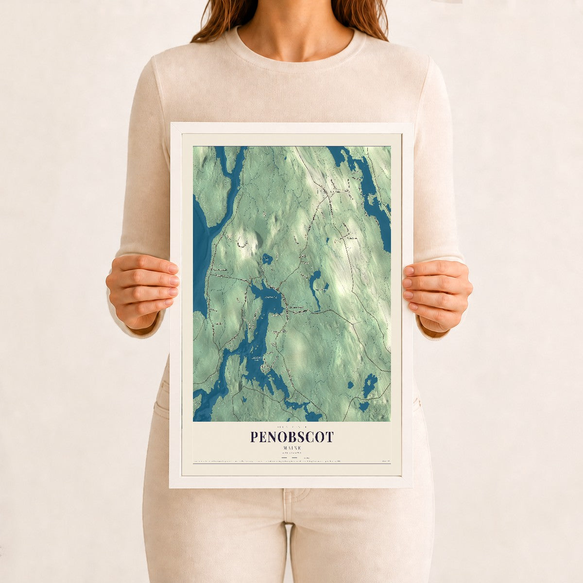 Penobscot, Maine map print - 12 x 18 white Ayous wood frame