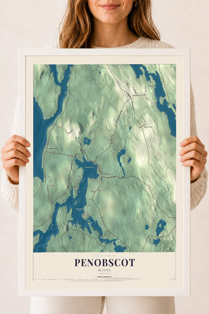 Penobscot, Maine map print - 18 x 24 white Ayous wood frame