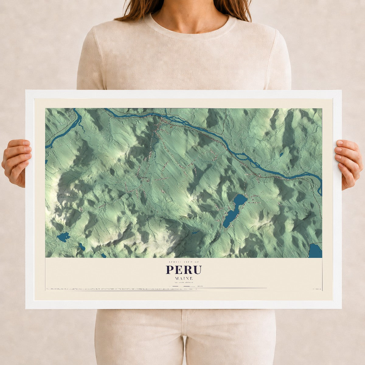 Peru, Maine map print - 12 x 18 white Ayous wood frame
