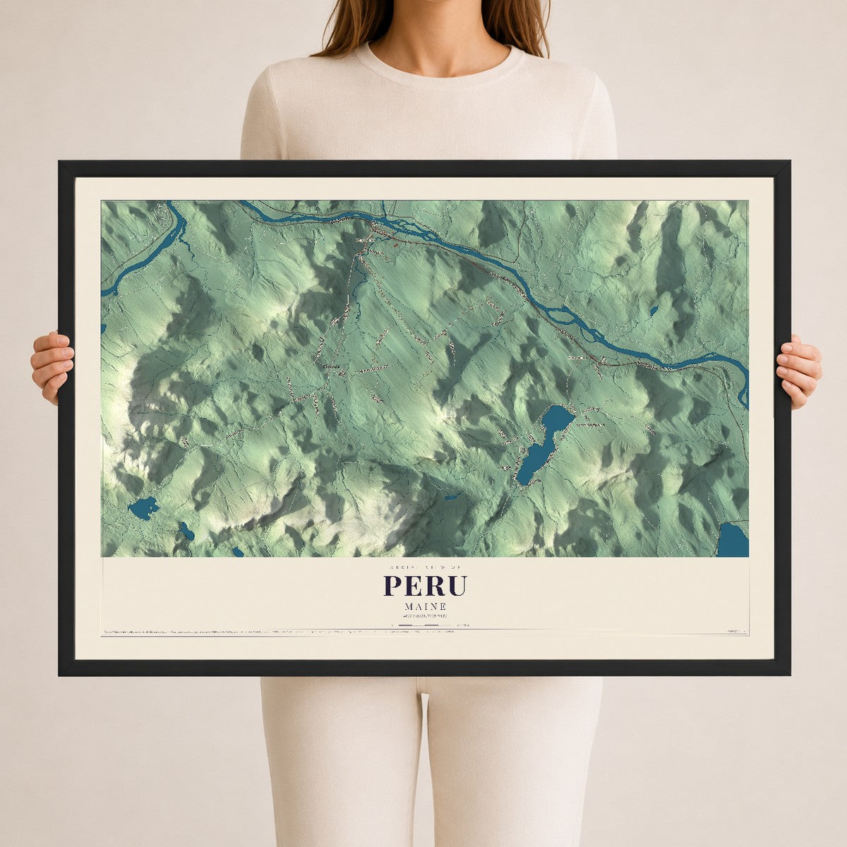 Peru, Maine map print - 24 x 36 black Ayous wood frame