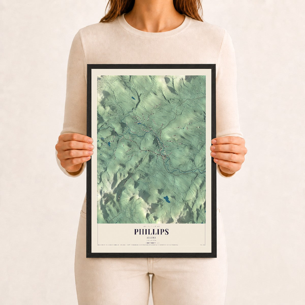 Phillips, Maine map print - 12 x 18 black Ayous wood frame