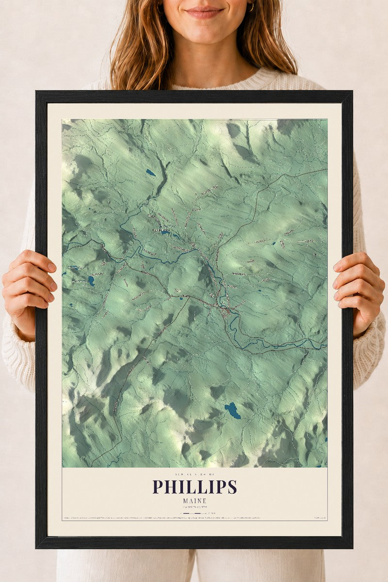 Phillips, Maine map print - 18 x 24 black Ayous wood frame