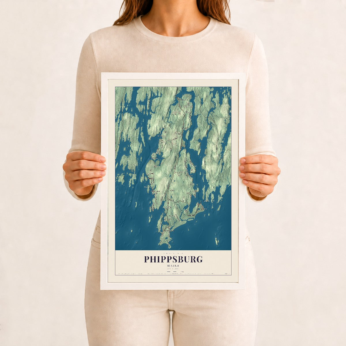 Phippsburg, Maine map print - 12 x 18 white Ayous wood frame
