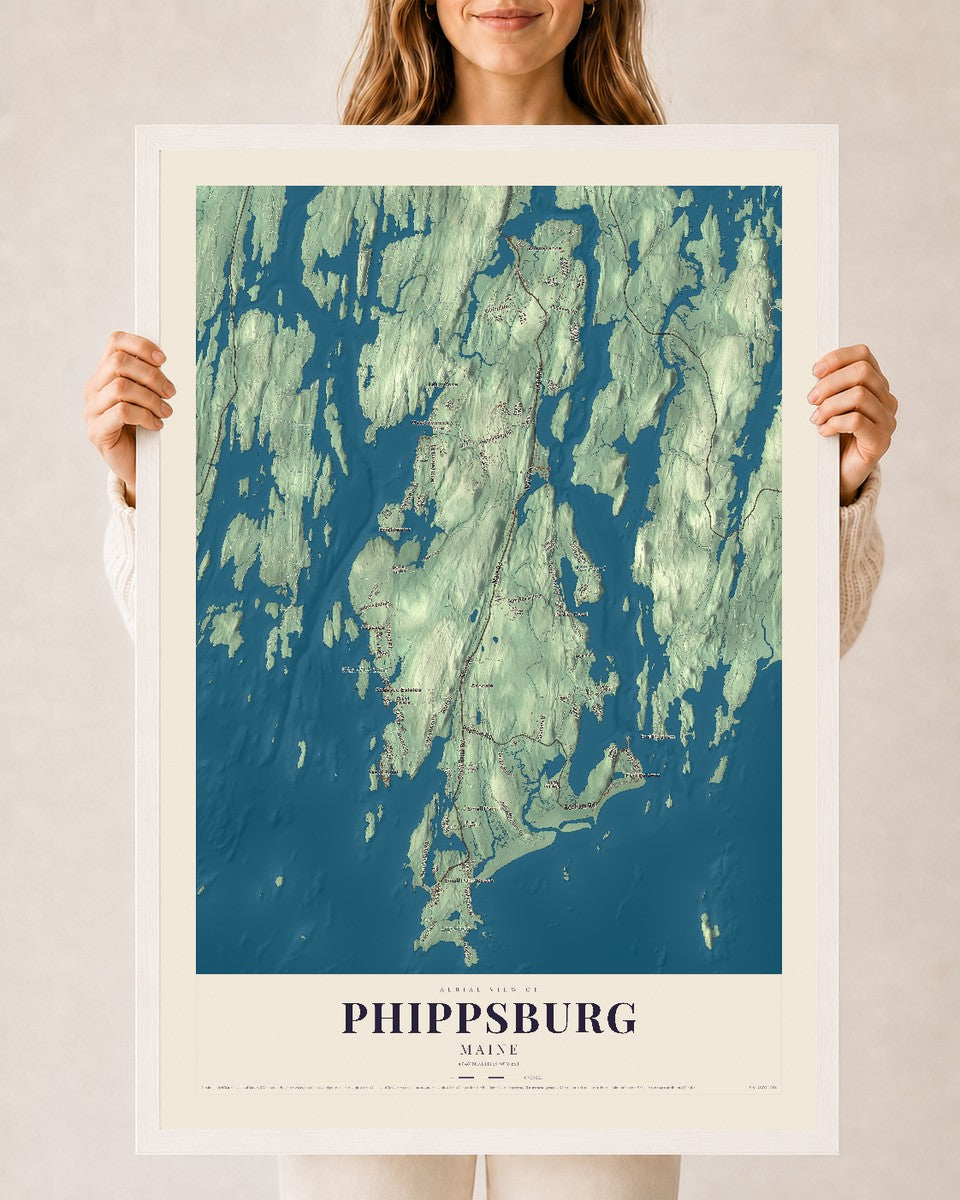 Phippsburg, Maine map print - 24 x 36 white Ayous wood frame