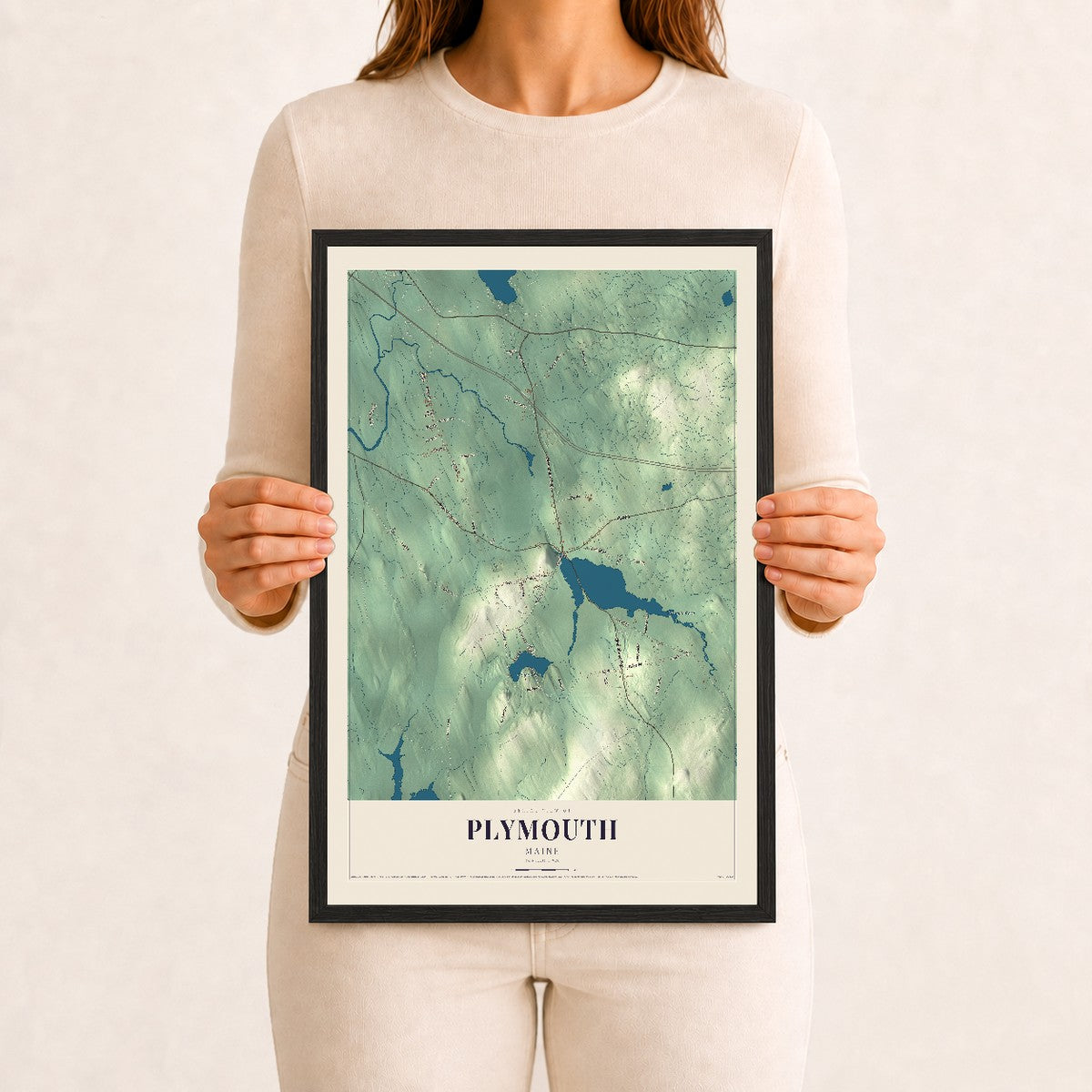 Plymouth, Maine map print - 12 x 18 black Ayous wood frame