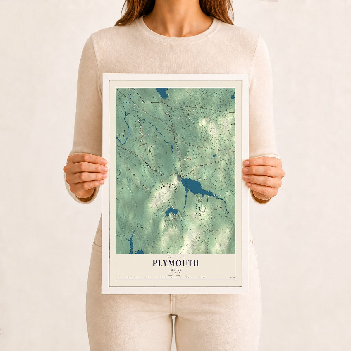 Plymouth, Maine map print - 12 x 18 white Ayous wood frame