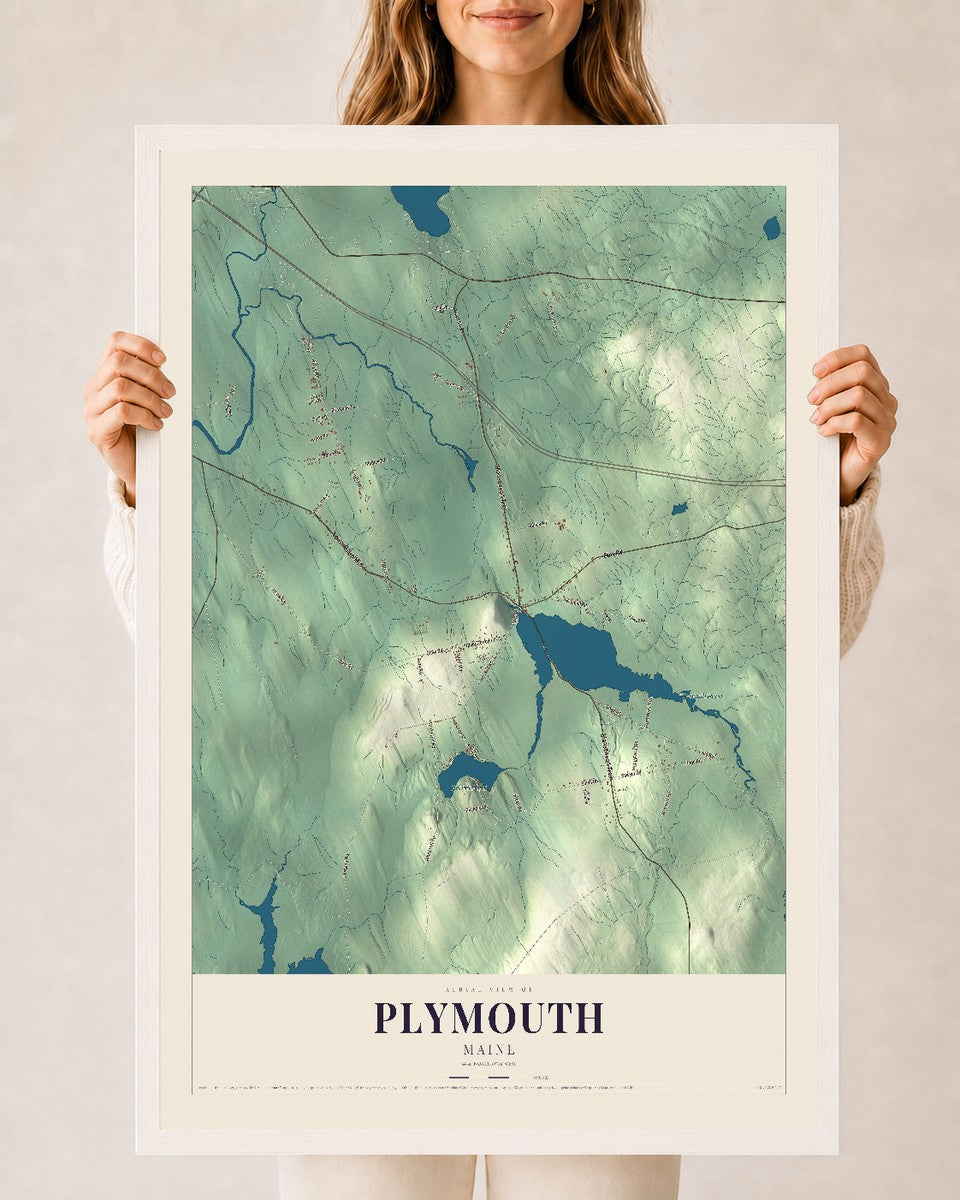 Plymouth, Maine map print - 24 x 36 white Ayous wood frame