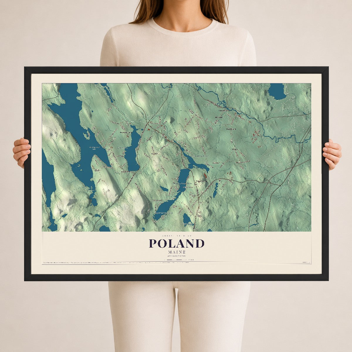 Poland, Maine map print - 24 x 36 black Ayous wood frame