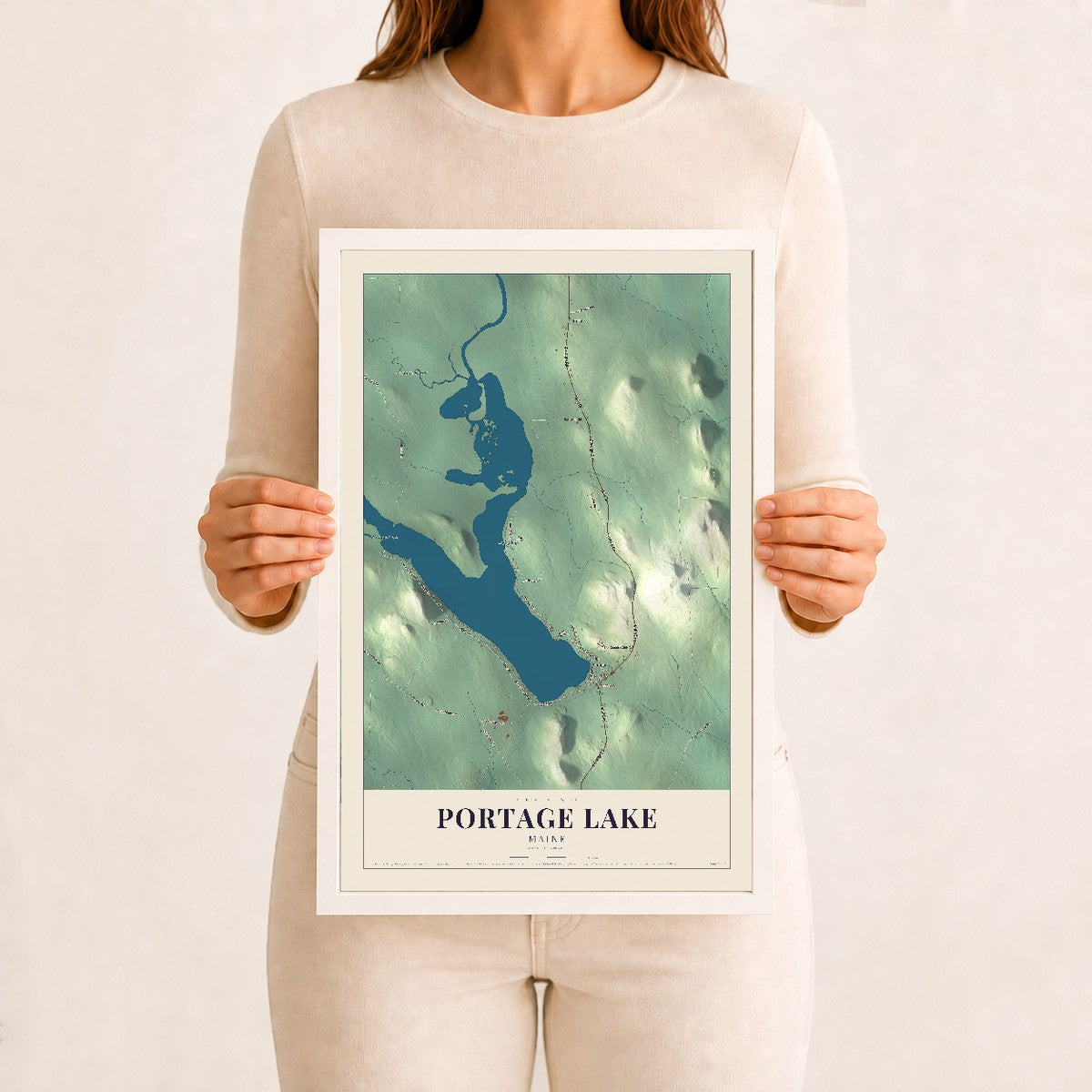 Portage Lake, Maine map print - 12 x 18 white Ayous wood frame