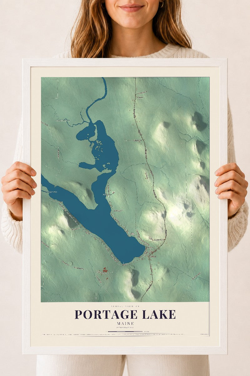 Portage Lake, Maine map print - 18 x 24 white Ayous wood frame