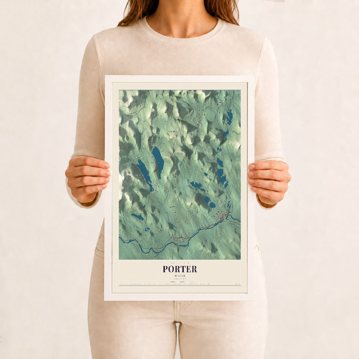 Porter, Maine map print - 12 x 18 white Ayous wood frame