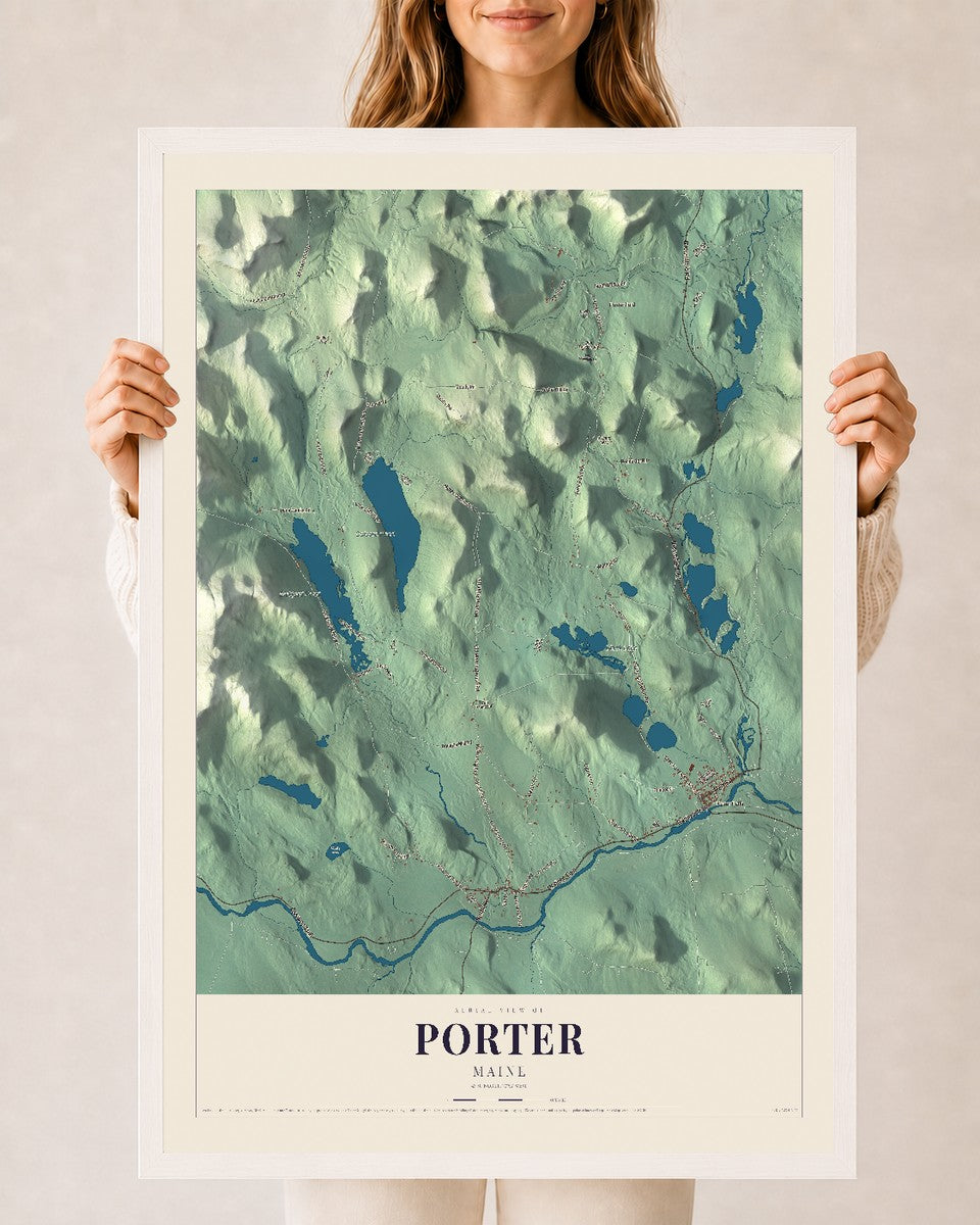 Porter, Maine map print - 24 x 36 white Ayous wood frame