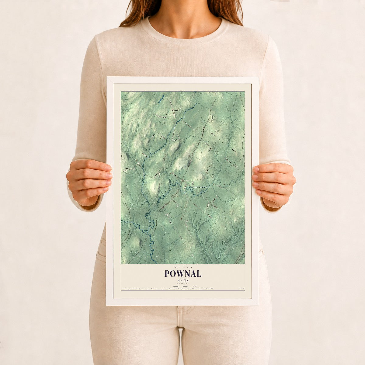Pownal, Maine map print - 12 x 18 white Ayous wood frame