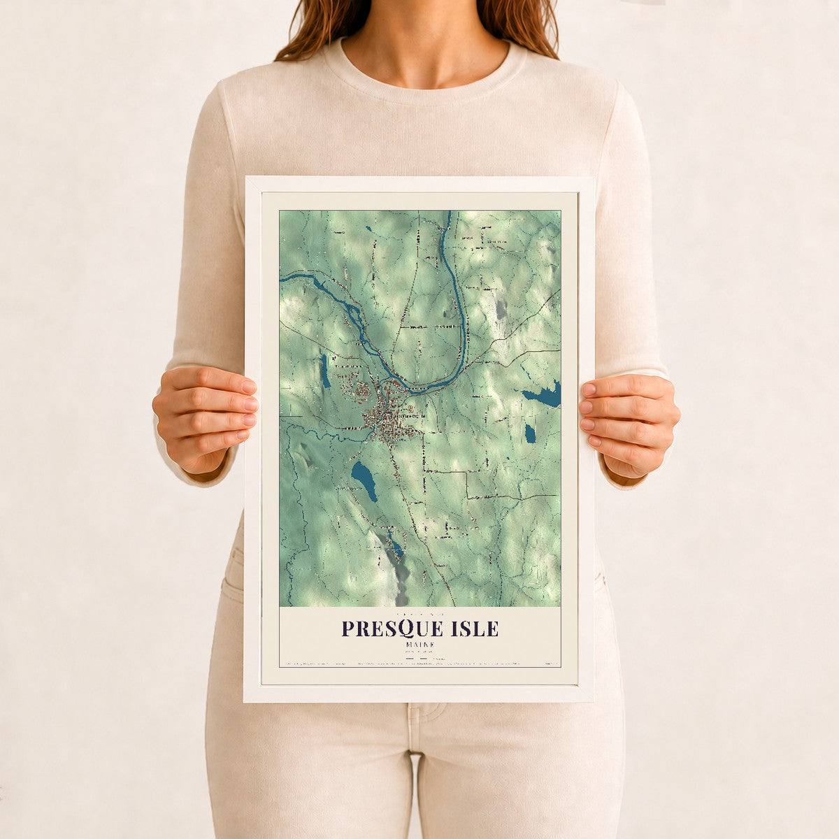 Presque Isle, Maine map print - 12 x 18 white Ayous wood frame