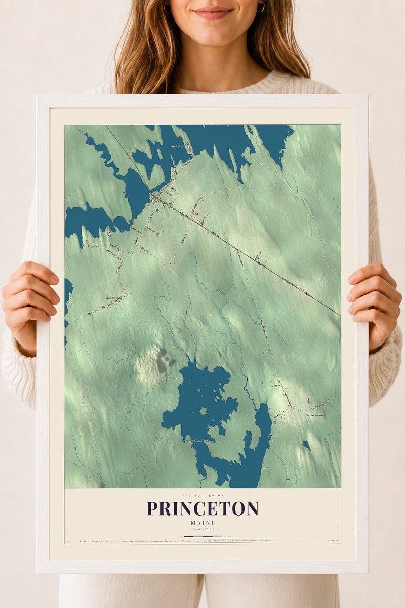 Princeton, Maine map print - 18 x 24 white Ayous wood frame