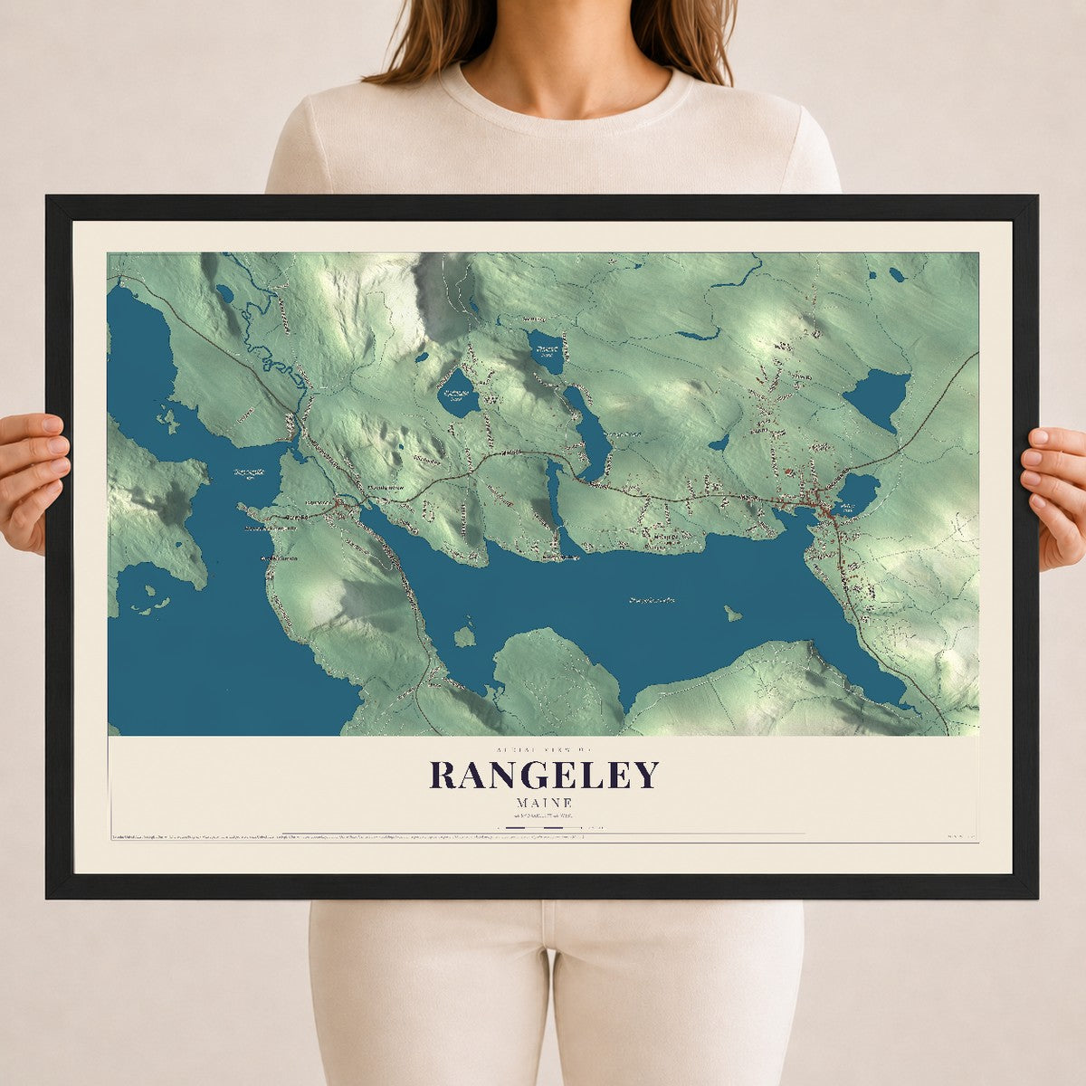 Rangeley, Maine map print - 18 x 24 black Ayous wood frame
