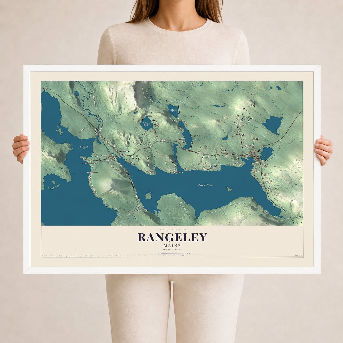 Rangeley, Maine map print - 24 x 36 white Ayous wood frame