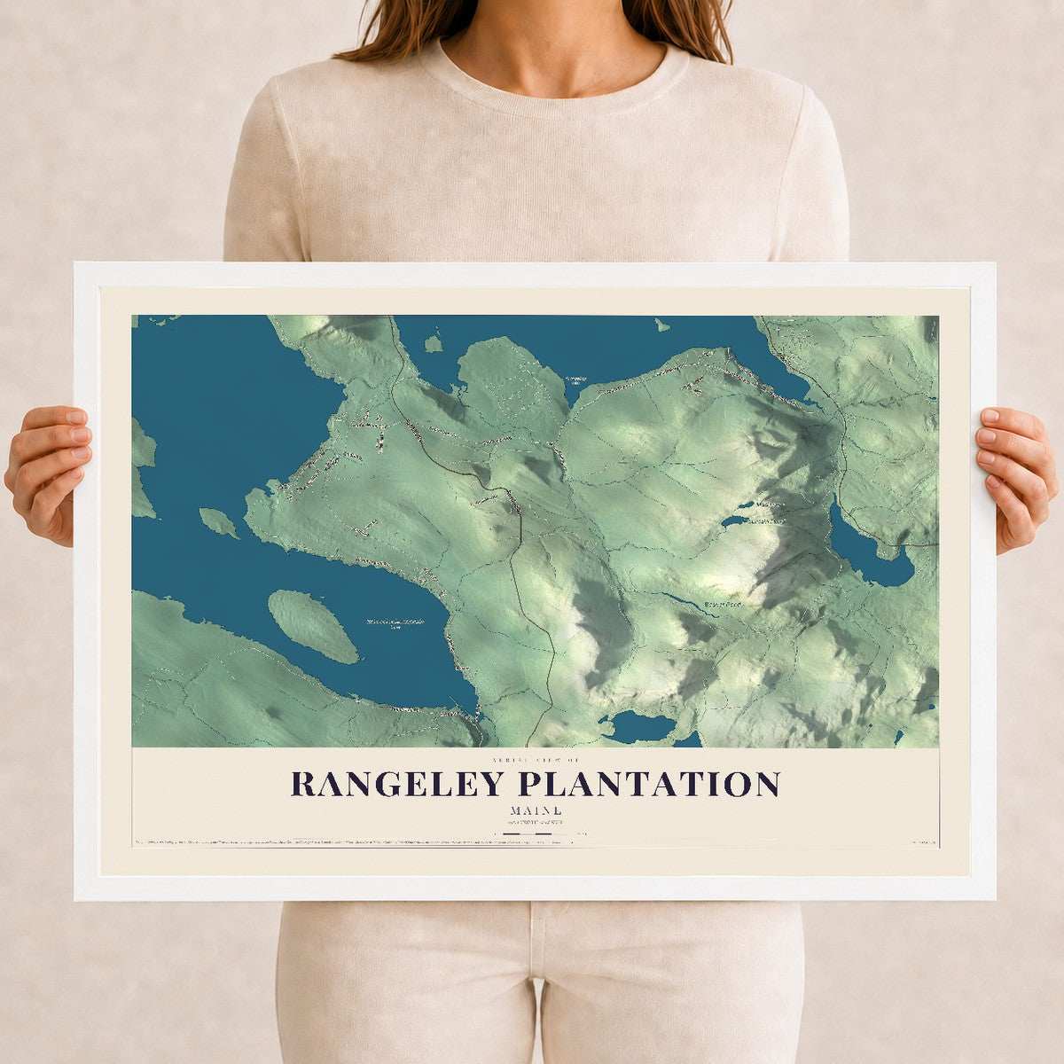 Rangeley Plantation, Maine map print - 12 x 18 white Ayous wood frame