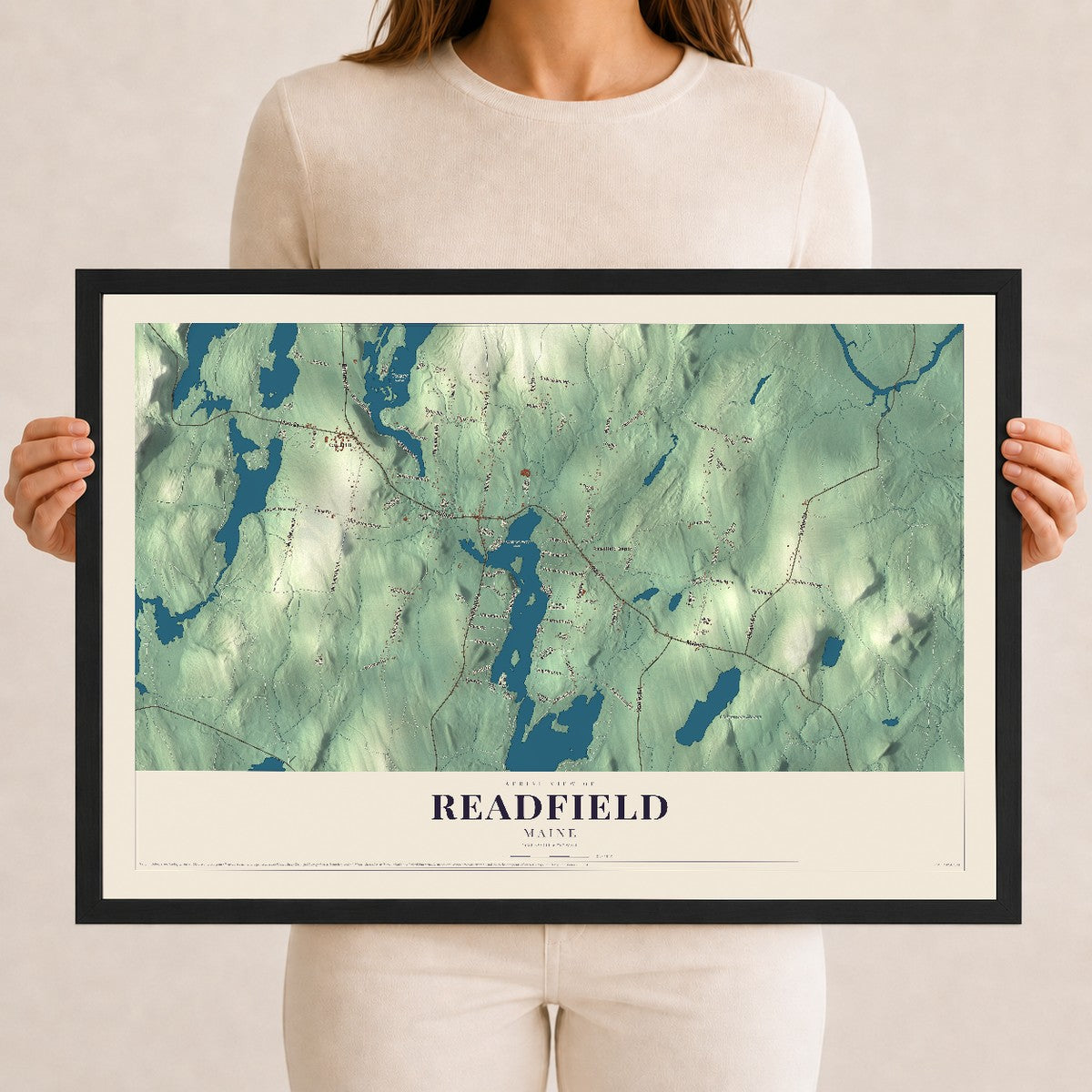 Readfield, Maine map print - 12 x 18 black Ayous wood frame