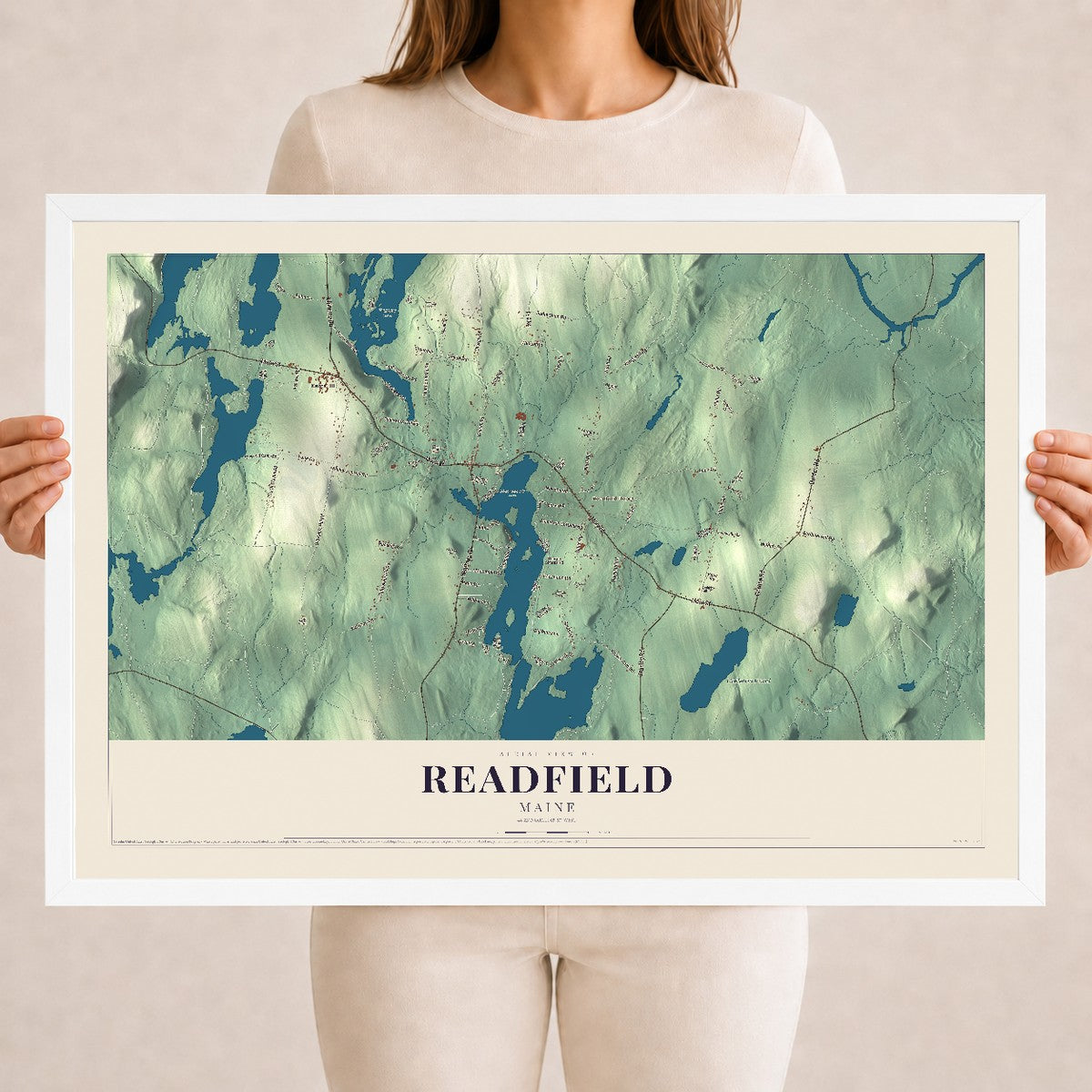 Readfield, Maine map print - 18 x 24 white Ayous wood frame
