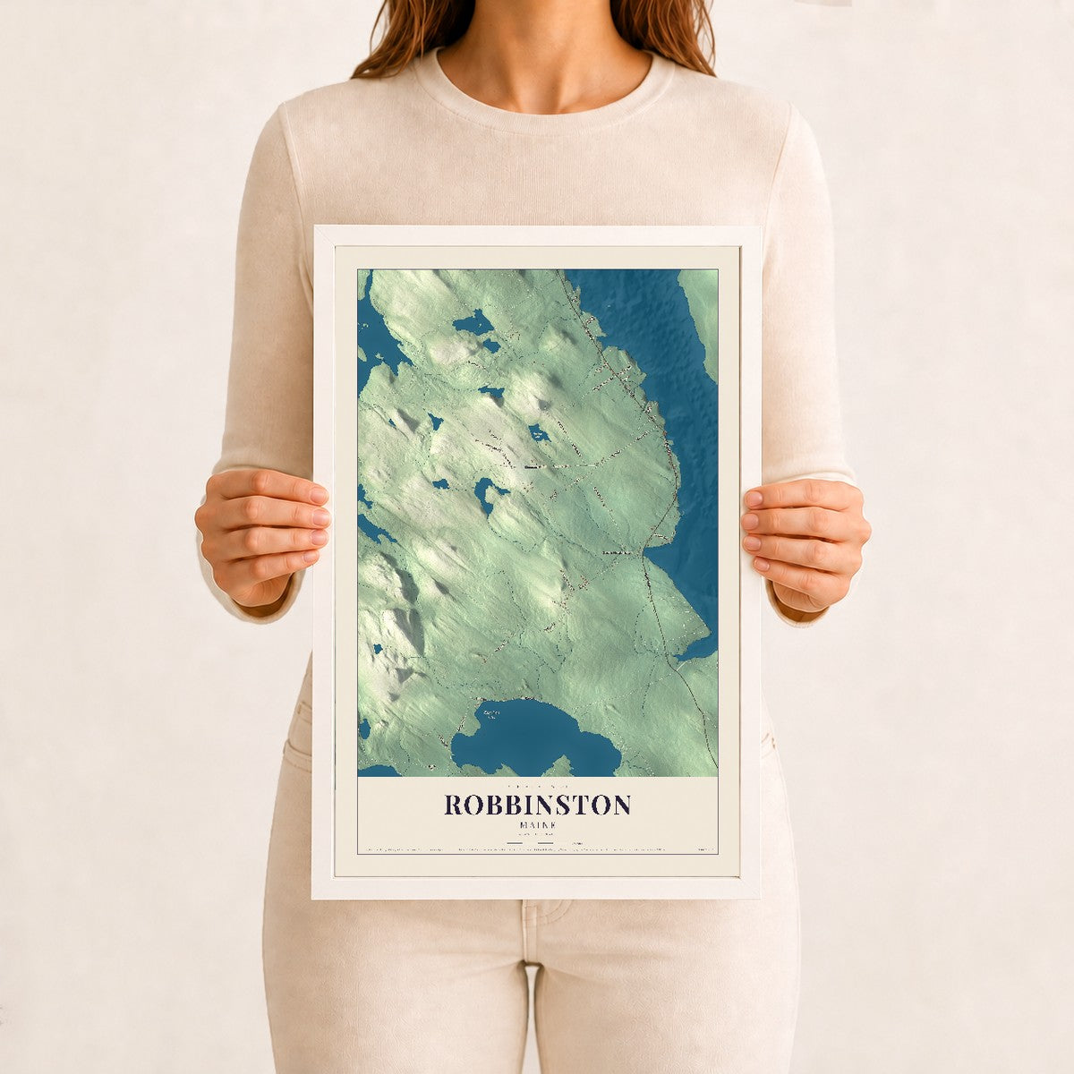 Robbinston, Maine map print - 12 x 18 white Ayous wood frame