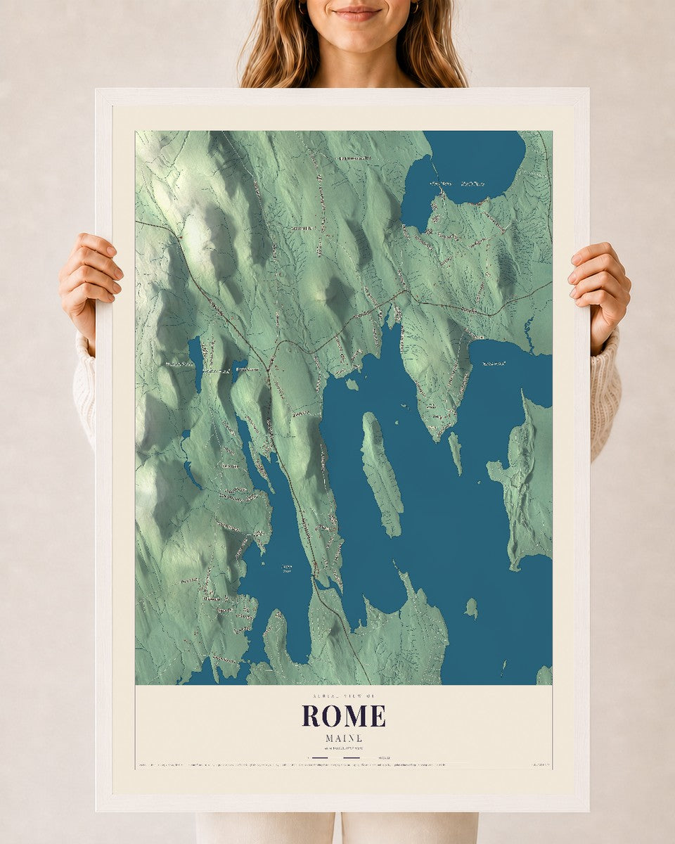 Rome, Maine map print - 24 x 36 white Ayous wood frame