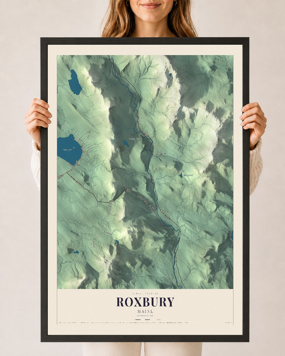 Roxbury, Maine map print - 24 x 36 black Ayous wood frame