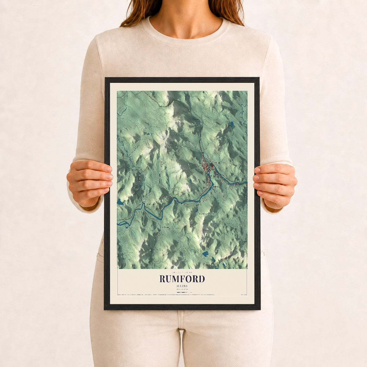 Rumford, Maine map print - 12 x 18 black Ayous wood frame