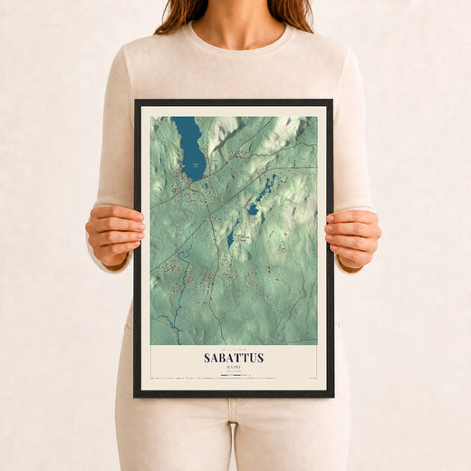 Map of Sabattus, Maine, 12 x 18 inch print in a black wood frame
