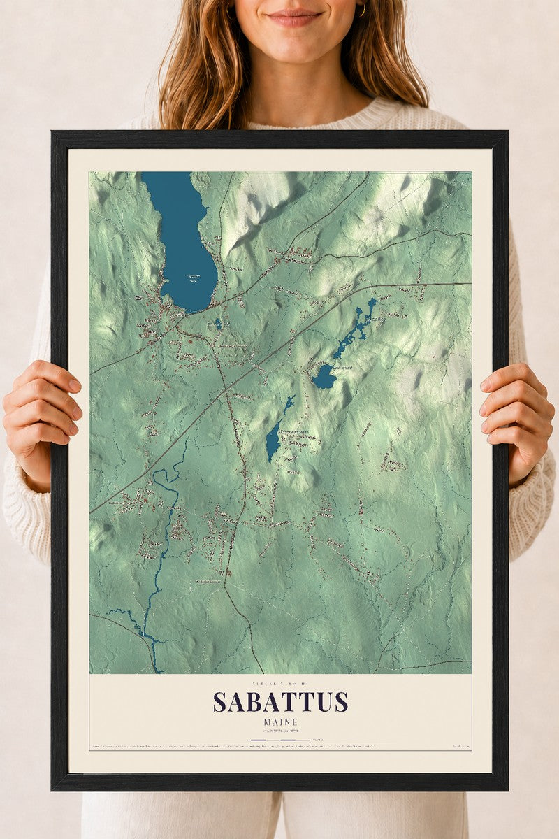 Sabattus, Maine map print - 18 x 24 black Ayous wood frame