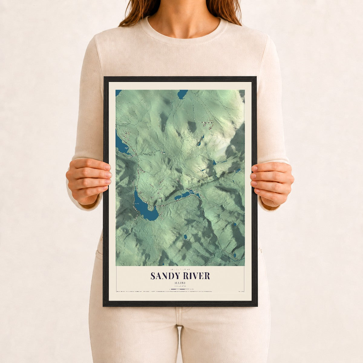 Sandy River, Maine map print - 12 x 18 black Ayous wood frame