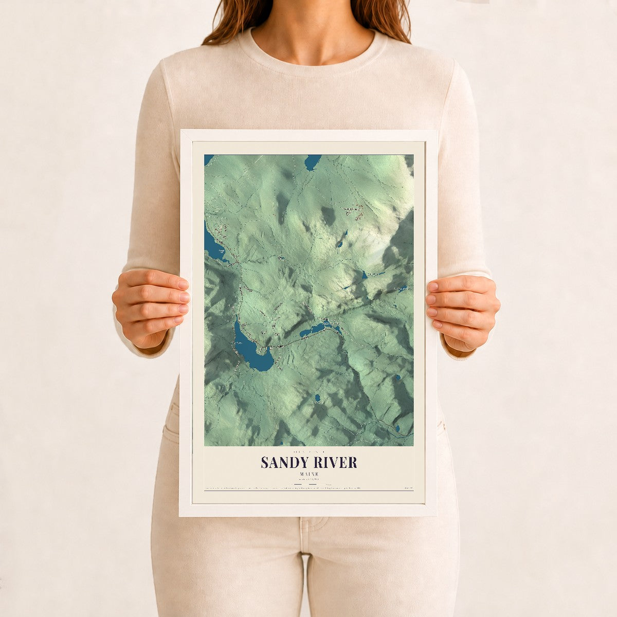 Sandy River, Maine map print - 12 x 18 white Ayous wood frame