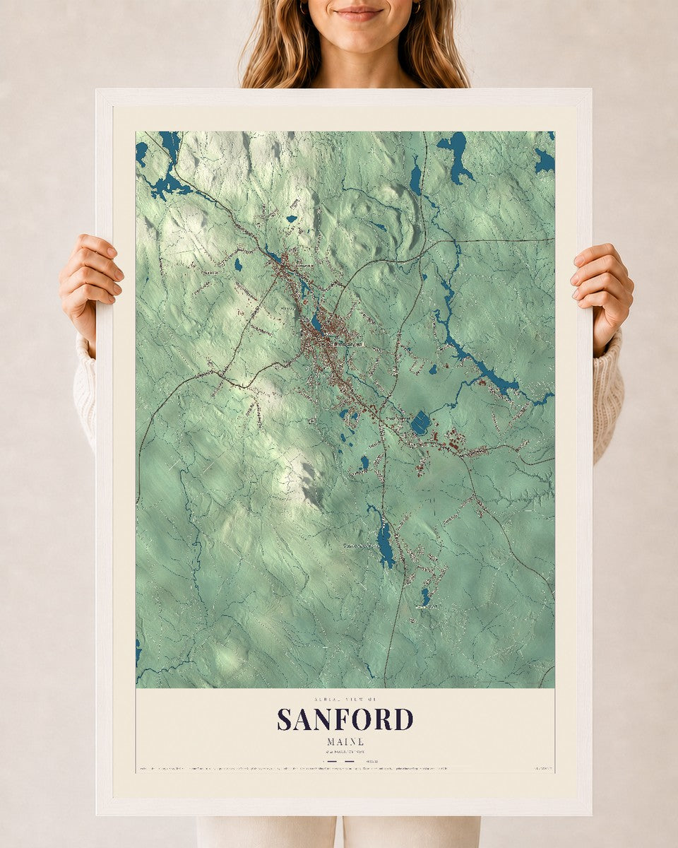 Sanford, Maine map print - 24 x 36 white Ayous wood frame