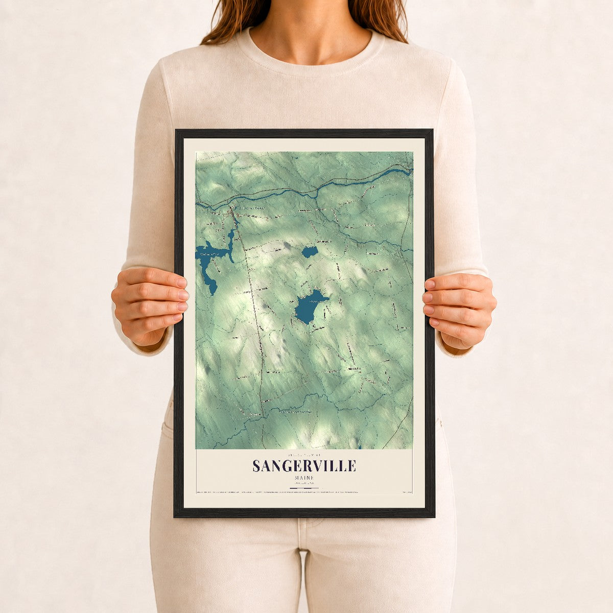 Sangerville, Maine map print - 12 x 18 black Ayous wood frame