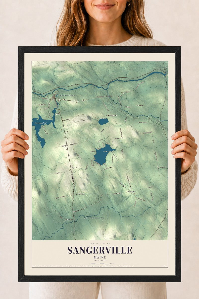 Sangerville, Maine map print - 18 x 24 black Ayous wood frame