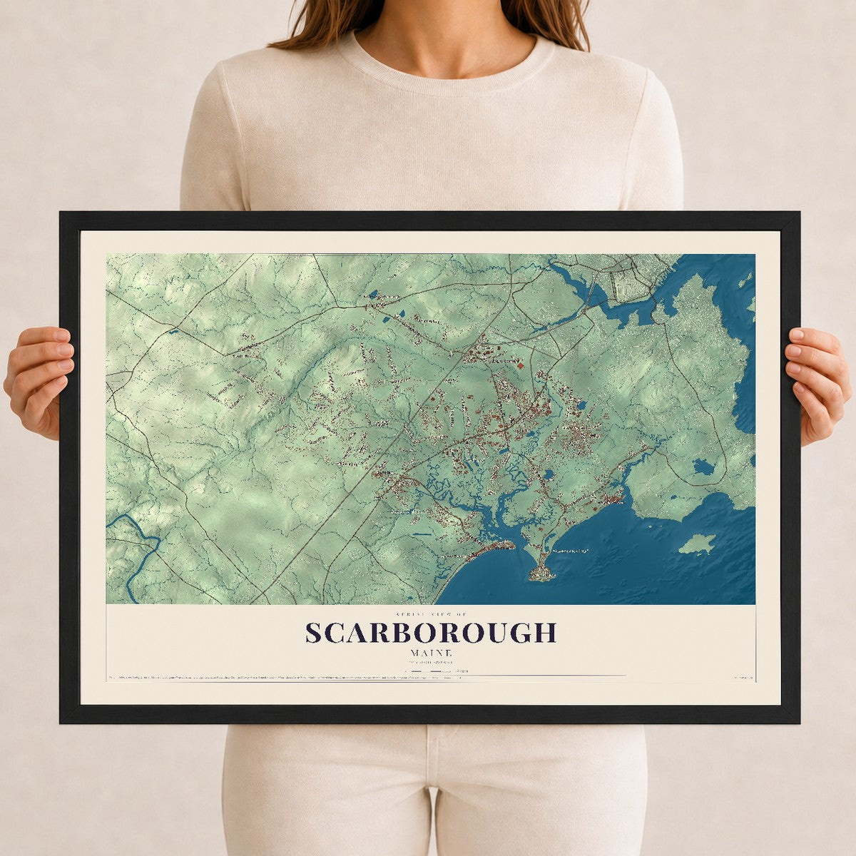 Scarborough, Maine map print - 12 x 18 black Ayous wood frame