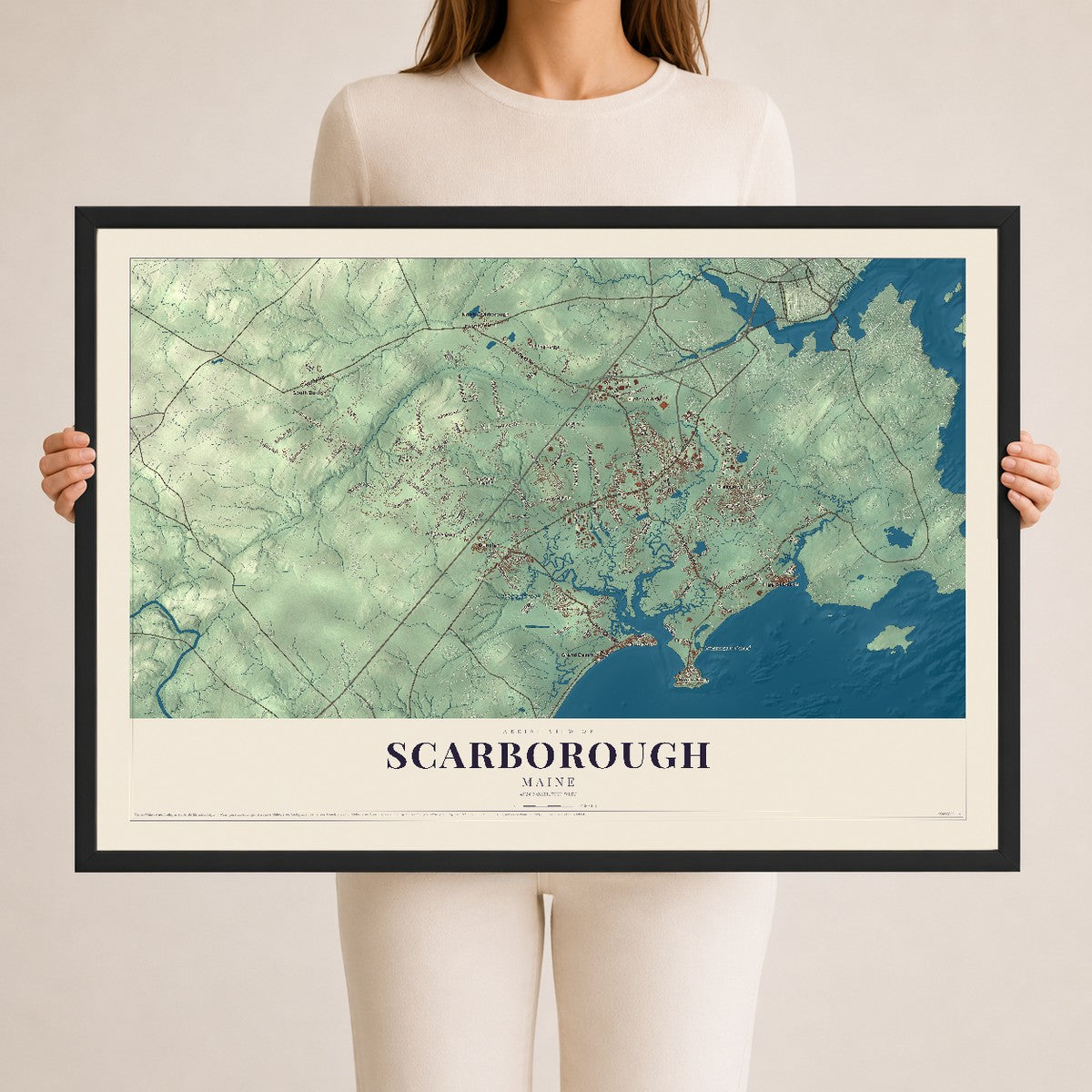 Scarborough, Maine map print - 24 x 36 black Ayous wood frame